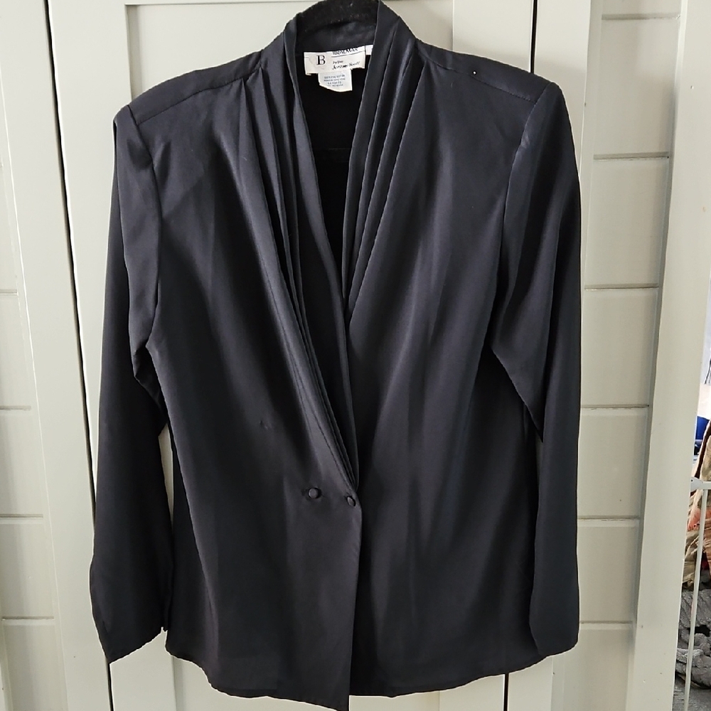 BRAEMAR HONG KONG VINTAGE Black PLEATED pad Shoulder Blouse Sz.10 Ptp 20